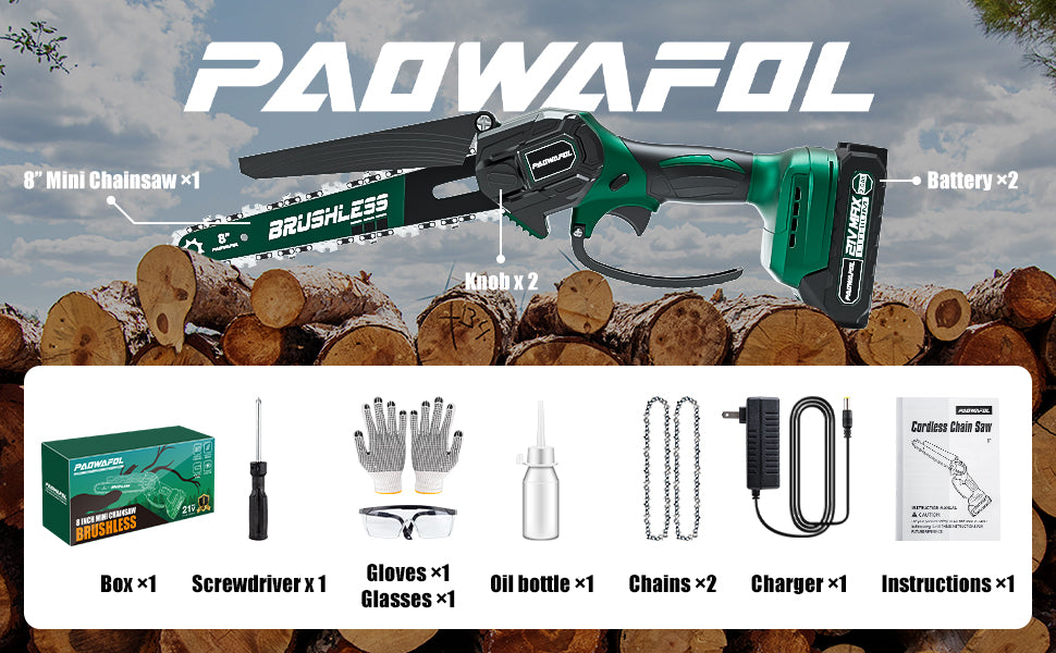 Battery Powered Cordless Mini Chainsaw 8 inch with Brushless Motor, Handheld Small Power Chain Saws Electric 2X Battery Operated Chainsaws Hand Saw with 2X 8'' Saw Chains for Trees Prunning Trimming