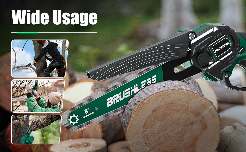 Battery Powered Cordless Mini Chainsaw 8 inch with Brushless Motor, Handheld Small Power Chain Saws Electric 2X Battery Operated Chainsaws Hand Saw with 2X 8'' Saw Chains for Trees Prunning Trimming