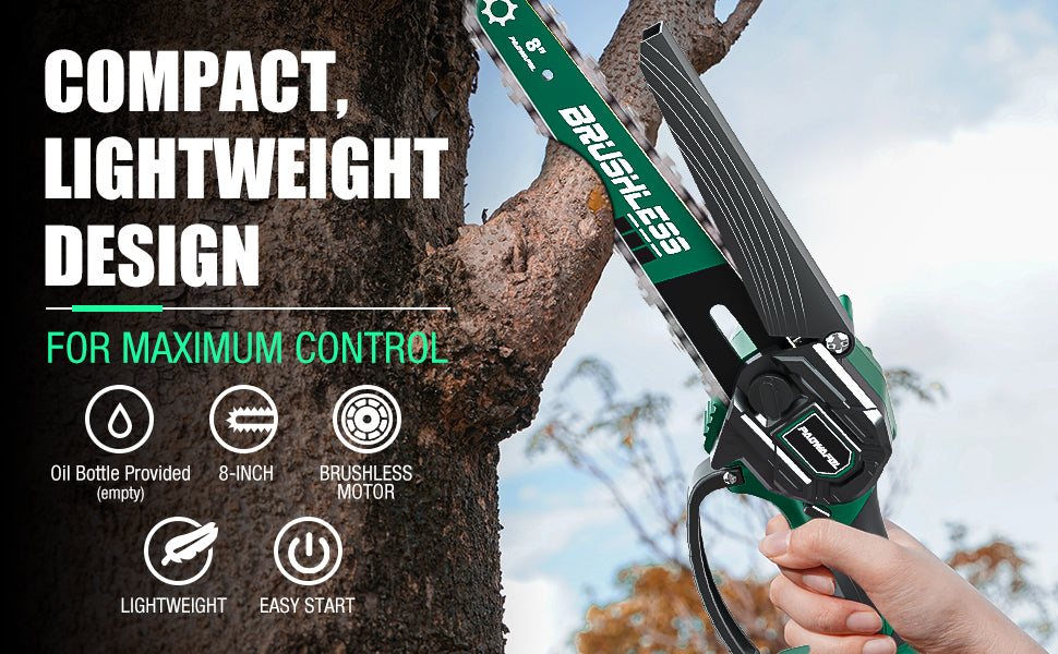 Battery Powered Cordless Mini Chainsaw 8 inch with Brushless Motor, Handheld Small Power Chain Saws Electric 2X Battery Operated Chainsaws Hand Saw with 2X 8'' Saw Chains for Trees Prunning Trimming