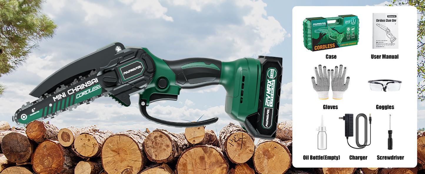 Mini Chainsaw Cordless, 6-inch Battery Powered Mini Chainsaw, Portable Handheld Small Power Chain Saws Hand Electric Pruning Shear with 2 Rechargeable Batteries for Courtyard, Tree Branches and Garden