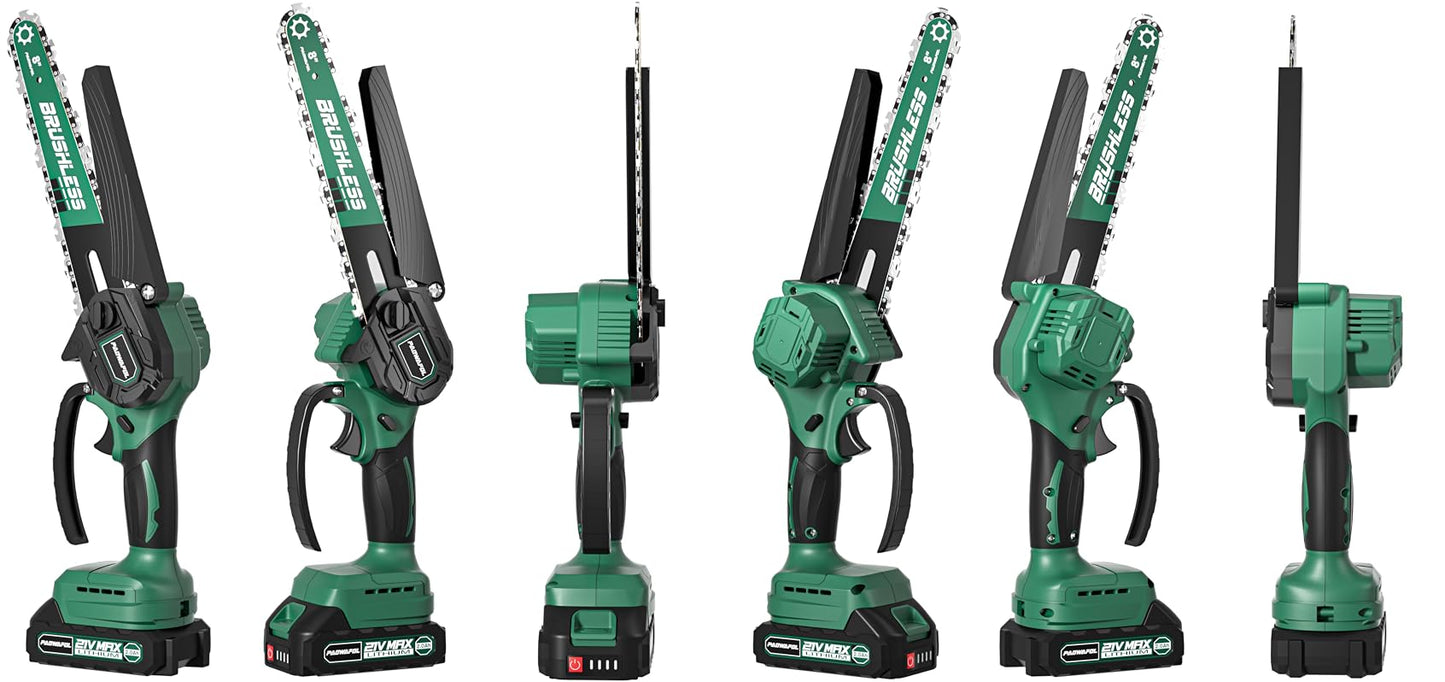 Battery Powered Cordless Mini Chainsaw 8 inch with Brushless Motor, Handheld Small Power Chain Saws Electric 2X Battery Operated Chainsaws Hand Saw with 2X 8'' Saw Chains for Trees Prunning Trimming