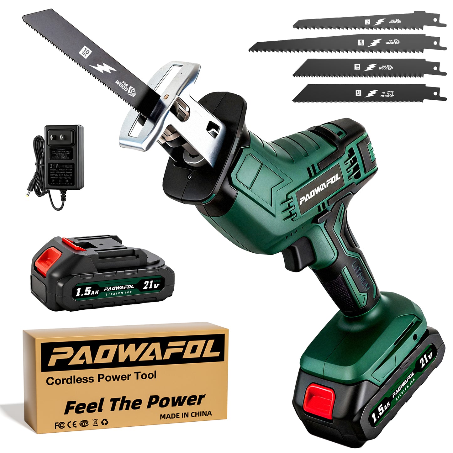 PAOWAFOL Reciprocating Saw Cordless, 0-3500SPM Variable Speed Reciprocating Saws with 2 Batteries, Saw Blades, Tool-Free Blade Change, Electric Reciprocating Saws for Woods/Metal/Plastic Cutting