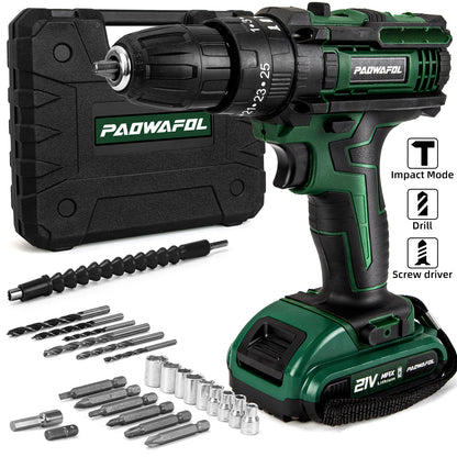 PAOWAFOL Cordless Drill Electric Power Drill  Two Variable Speed and 25+3 Torque Settings with Work Light, Max torque 30N.m,Easy Handling,Powerful Performance,for Home Renovation, DIY Projects, Professional Daily Drill Set