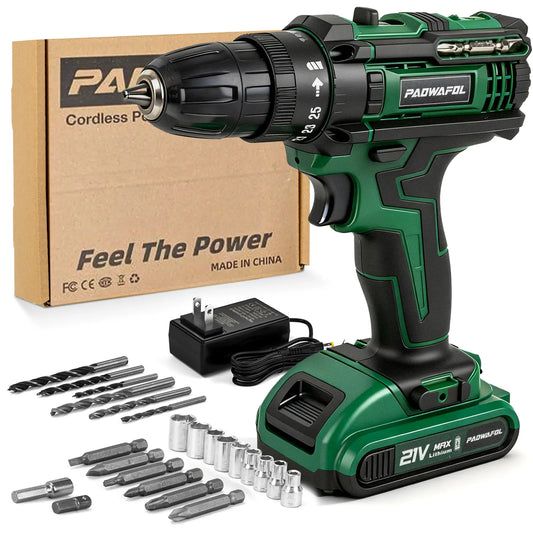 PAOWAFOL Cordless Drill Electric Power Drill  Two Variable Speed and 25+3 Torque Settings with Work Light, Max torque 30N.m,Easy Handling,Powerful Performance,for Home Renovation, DIY Projects, Professional Daily Drill Set