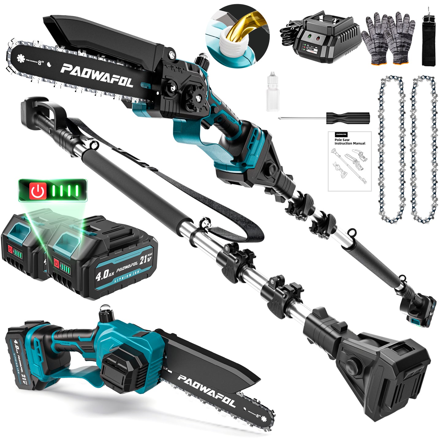 2-in-1 Pole Saws for Tree Trimming, Mini Chainsaw Cordless 6 Inch with 15 FT Max Reach, Electric Pole Saw with 2*21V Batterys Branch Cutter for Tree Trimmer Pole Saw Blue
