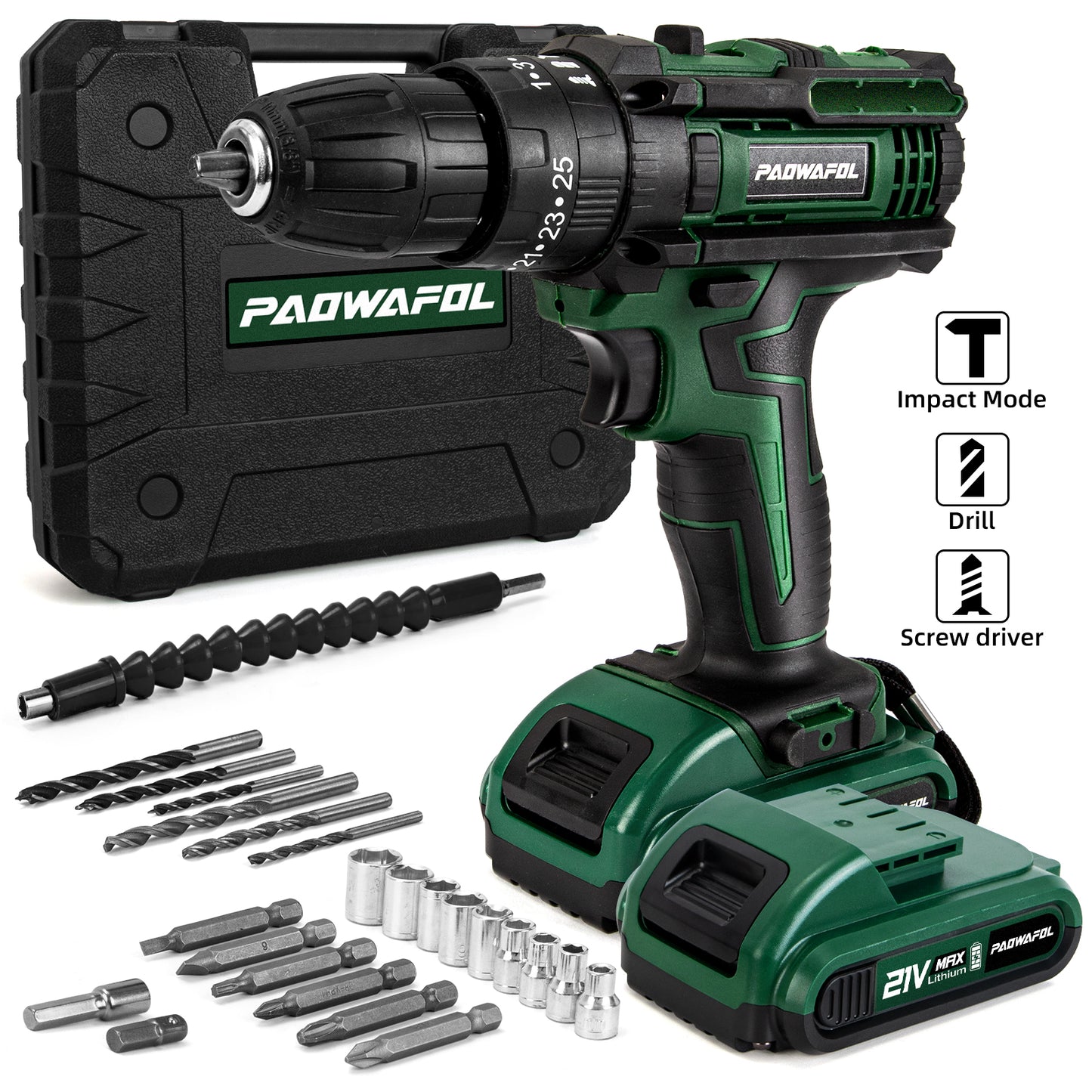 PAOWAFOL Cordless Drill Electric Power Drill with 2 Battery Two Variable Speed and 25+3 Torque Settings with Work Light, Max torque 30N.m,Easy Handling,Powerful Performance,for Home Renovation, DIY Projects, Professional Daily Drill Set