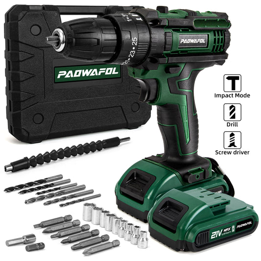 PAOWAFOL Cordless Drill Electric Power Drill with 2 Battery Two Variable Speed and 25+3 Torque Settings with Work Light, Max torque 30N.m,Easy Handling,Powerful Performance,for Home Renovation, DIY Projects, Professional Daily Drill Set