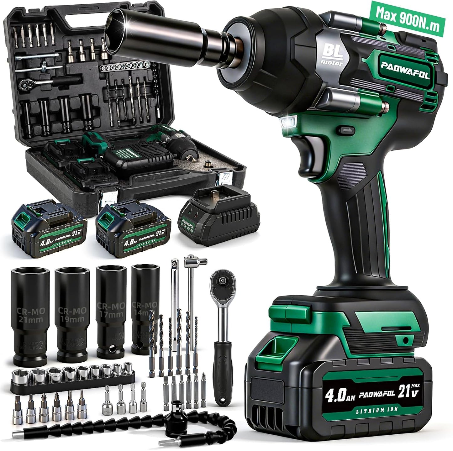 Impact Wrench 665 Ft-lbs(900N.m) 2200IPM, 1/2 Impact Gun with 21V 2x4.0AH Battery, Power Impact Driver 22 Drill Bits & 4 Sockets, Cordless Ratchet Wrench Set Gifts for Men Car Tire Lug Nut