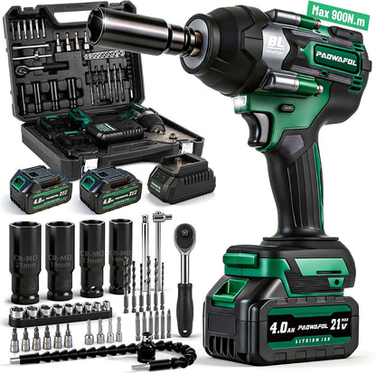 Impact Wrench 665 Ft-lbs(900N.m) 2200IPM, 1/2 Impact Gun with 21V 2x4.0AH Battery, Power Impact Driver 22 Drill Bits & 4 Sockets, Cordless Ratchet Wrench Set Gifts for Men Car Tire Lug Nut