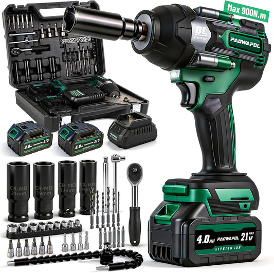 Impact Wrench 665 Ft-lbs(900N.m) 2200IPM, 1/2 Impact Gun with 21V 2x4.0AH Battery, Power Impact Driver 22 Drill Bits & 4 Sockets, Cordless Ratchet Wrench Set Gifts for Men Car Tire Lug Nut