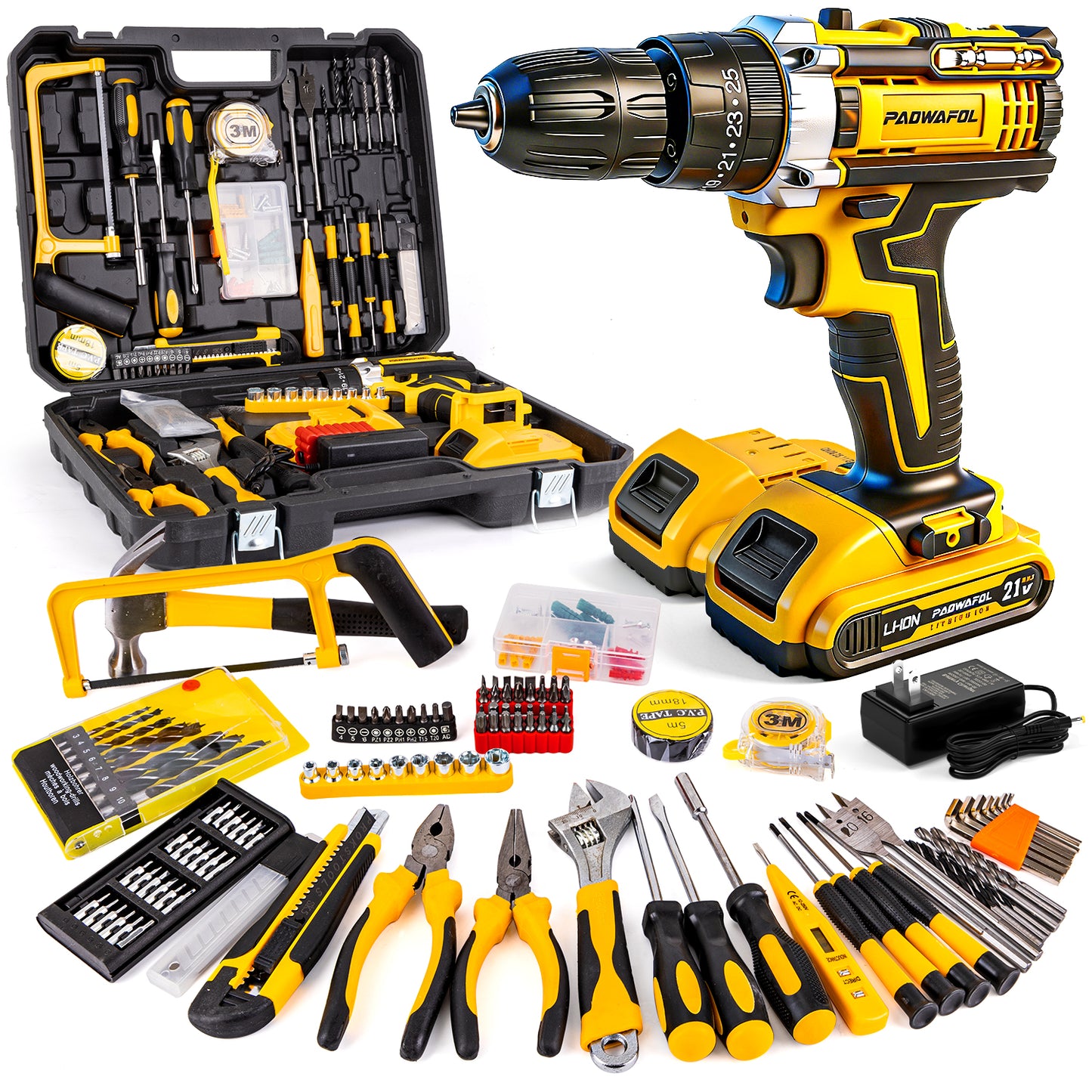 PAOWAFOL 210 Pciece 21V Cordless Drill,All in 1 with 2 battery electric drill,Multi Functional Tool Kit for Men gift,Home,DIY,daily maintenance