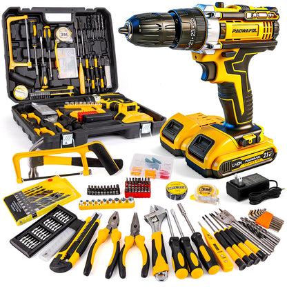 PAOWAFOL 210 Pciece 21V Cordless Drill,All in 1 with 2 battery electric drill,Multi Functional Tool Kit for Men gift,Home,DIY,daily maintenance