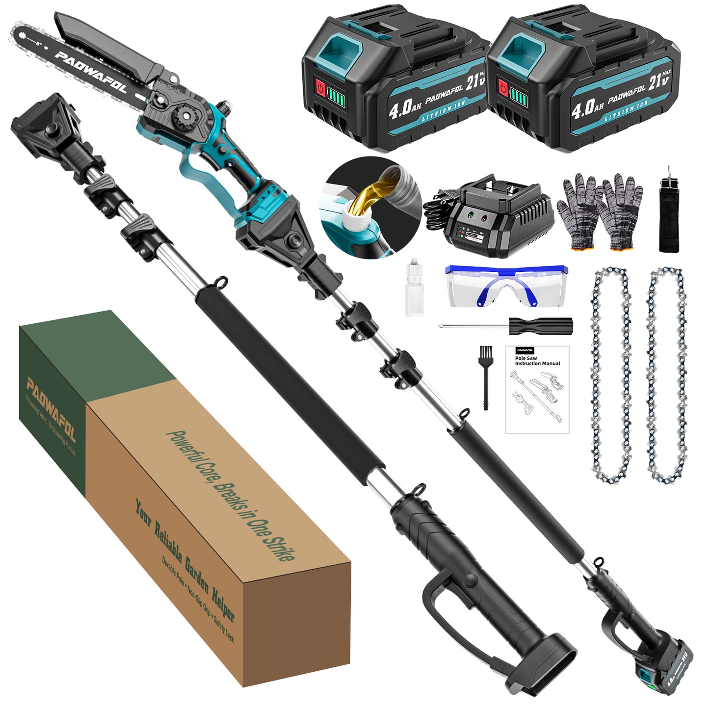 2-in-1 Pole Saws for Tree Trimming, Mini Chainsaw Cordless 6 Inch with 15 FT Max Reach, Electric Pole Saw with 2*21V Batterys Branch Cutter for Tree Trimmer Pole Saw Blue