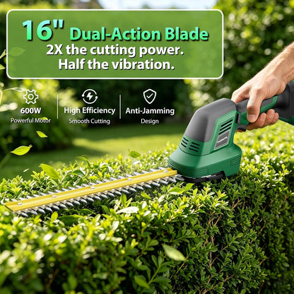 Cordless Hedge Trimmer 20V, 16" Shrub Trimmer & 6" Grass Shears, Electric Hedge Trimmer with 2 PCS Batteries & SK5 Blades for Garden, Bushes, Lawn