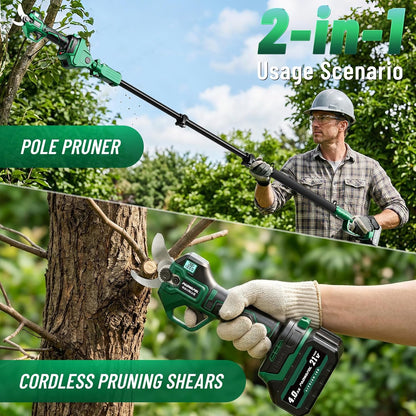 2-in-1 Pole Pruning Shears, 2.5''/64mm Electric Pruning Shears with Pole, Electric Tree Pruner with 10FT Reach Extension Pole - SK7 Blade, Longer Runtime, 2×4.0Ah Battery, For Tree & Garden Trimming