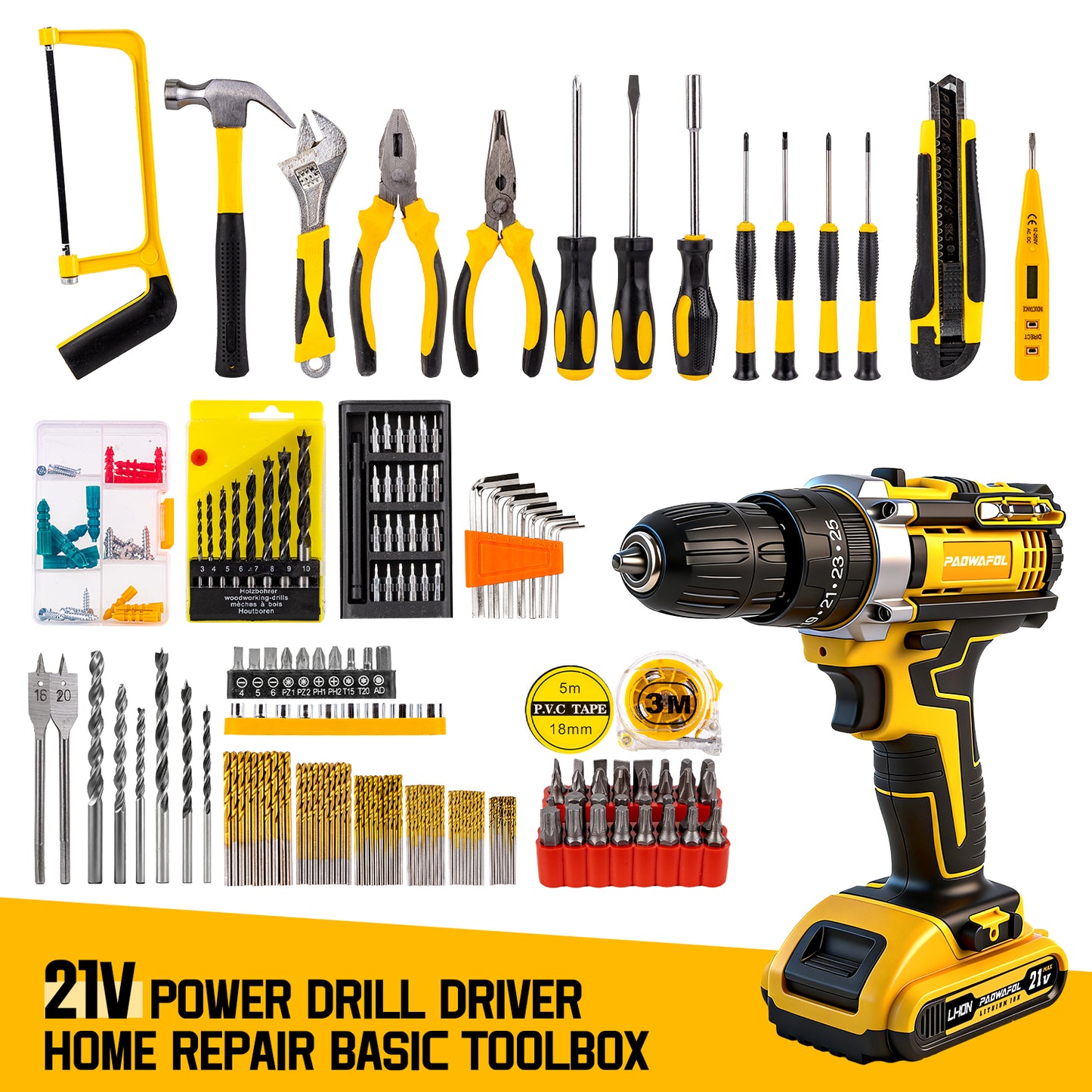 PAOWAFOL 210 Pciece 21V Cordless Drill,All in 1 with 2 battery electric drill,Multi Functional Tool Kit for Men gift,Home,DIY,daily maintenance