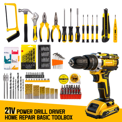 PAOWAFOL 210 Pciece 21V Cordless Drill,All in 1 with 2 battery electric drill,Multi Functional Tool Kit for Men gift,Home,DIY,daily maintenance