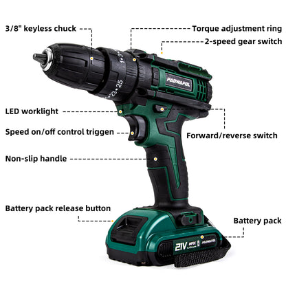 PAOWAFOL Cordless Drill Electric Power Drill with 2 Battery Two Variable Speed and 25+3 Torque Settings with Work Light, Max torque 30N.m,Easy Handling,Powerful Performance,for Home Renovation, DIY Projects, Professional Daily Drill Set