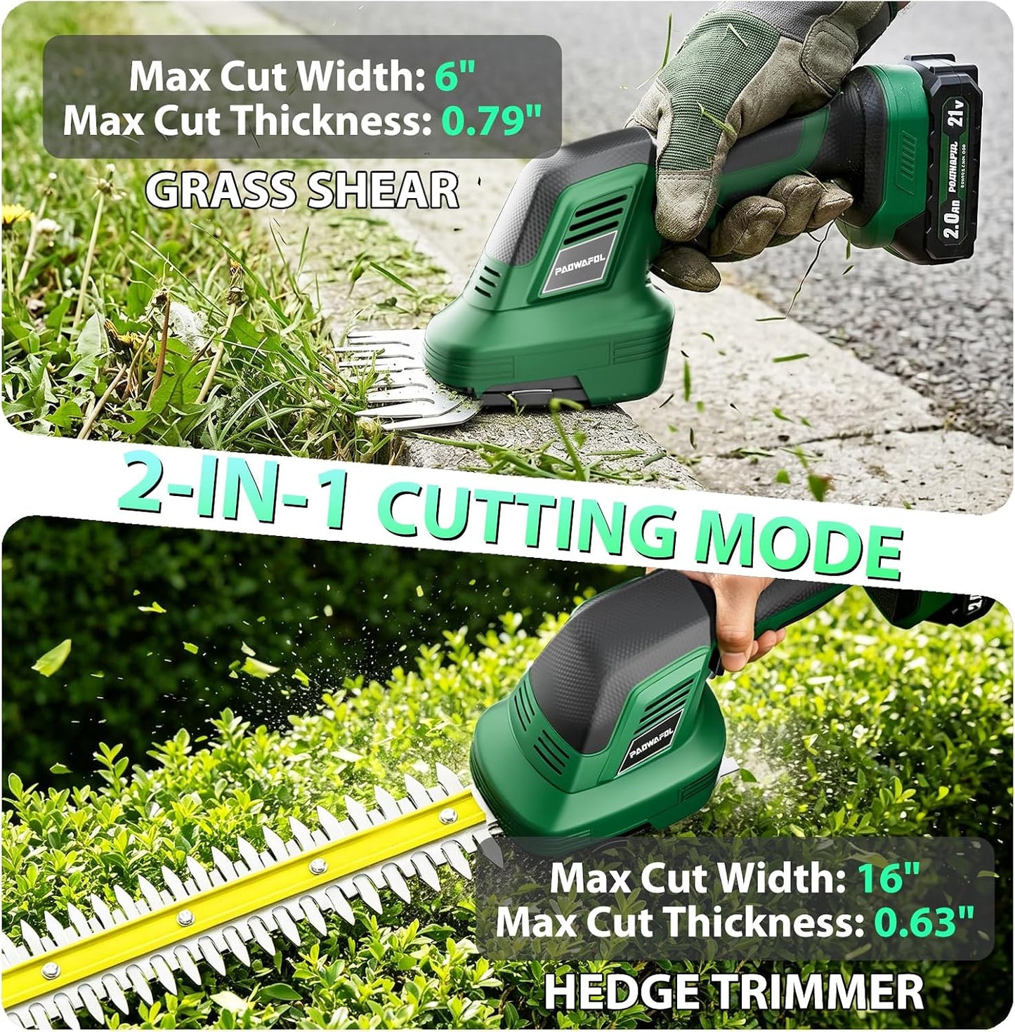 Cordless Hedge Trimmer 20V, 16" Shrub Trimmer & 6" Grass Shears, Electric Hedge Trimmer with 2 PCS Batteries & SK5 Blades for Garden, Bushes, Lawn