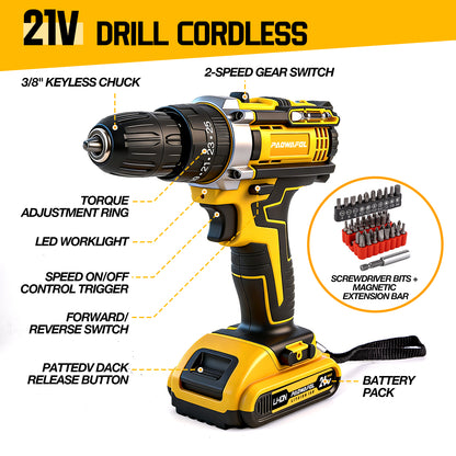 PAOWAFOL 210 Pciece 21V Cordless Drill,All in 1 with 2 battery electric drill,Multi Functional Tool Kit for Men gift,Home,DIY,daily maintenance