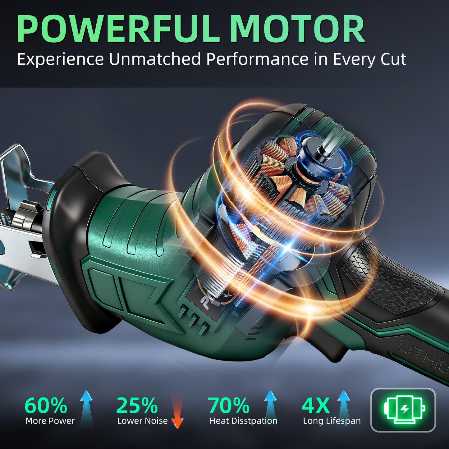 Cordless chainsaw with powerful motor, fast cuts, and easy handling for tree trimming with 2 batteries