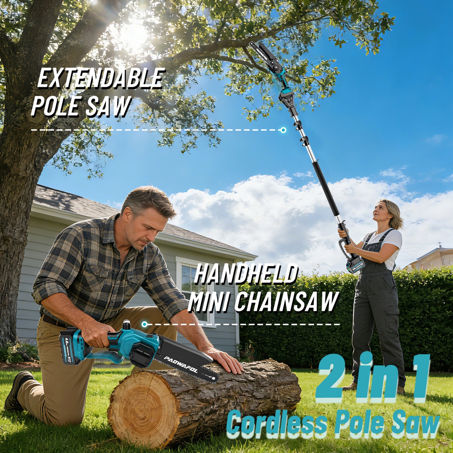 2-in-1 Pole Saws for Tree Trimming, Mini Chainsaw Cordless 6 Inch with 15 FT Max Reach, Electric Pole Saw with 2*21V Batterys Branch Cutter for Tree Trimmer Pole Saw Blue