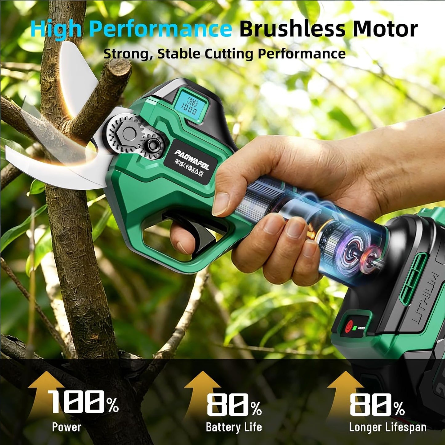 30mm Electric Pruning Shears, Upgraded Cordless Electric Scissors, with Brushless Motor | Dual 2.0Ah Battery | Sk7 Blade | LCD Display for Heavy-Duty Garden, Orchard & Branch Cutter