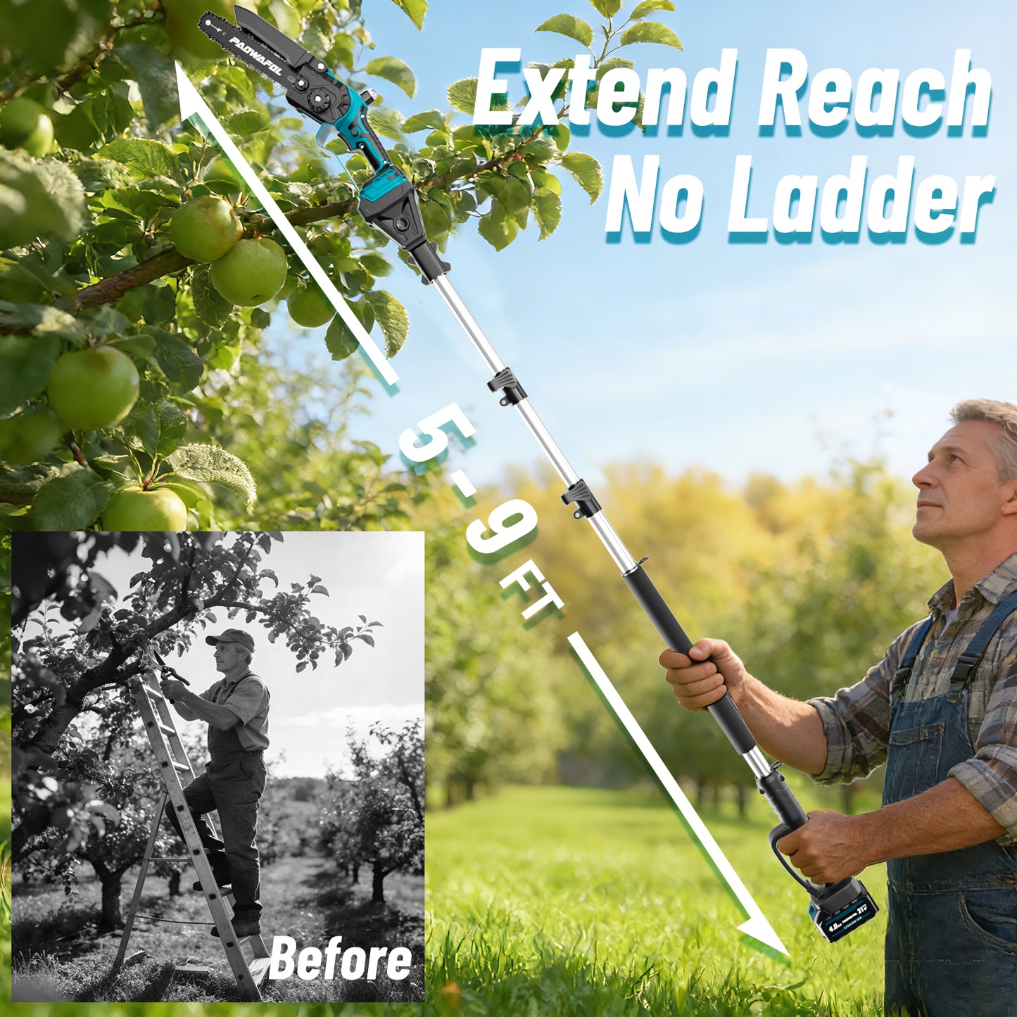 2-in-1 Pole Saws for Tree Trimming, Mini Chainsaw Cordless 6 Inch with 15 FT Max Reach, Electric Pole Saw with 2*21V Batterys Branch Cutter for Tree Trimmer Pole Saw Blue