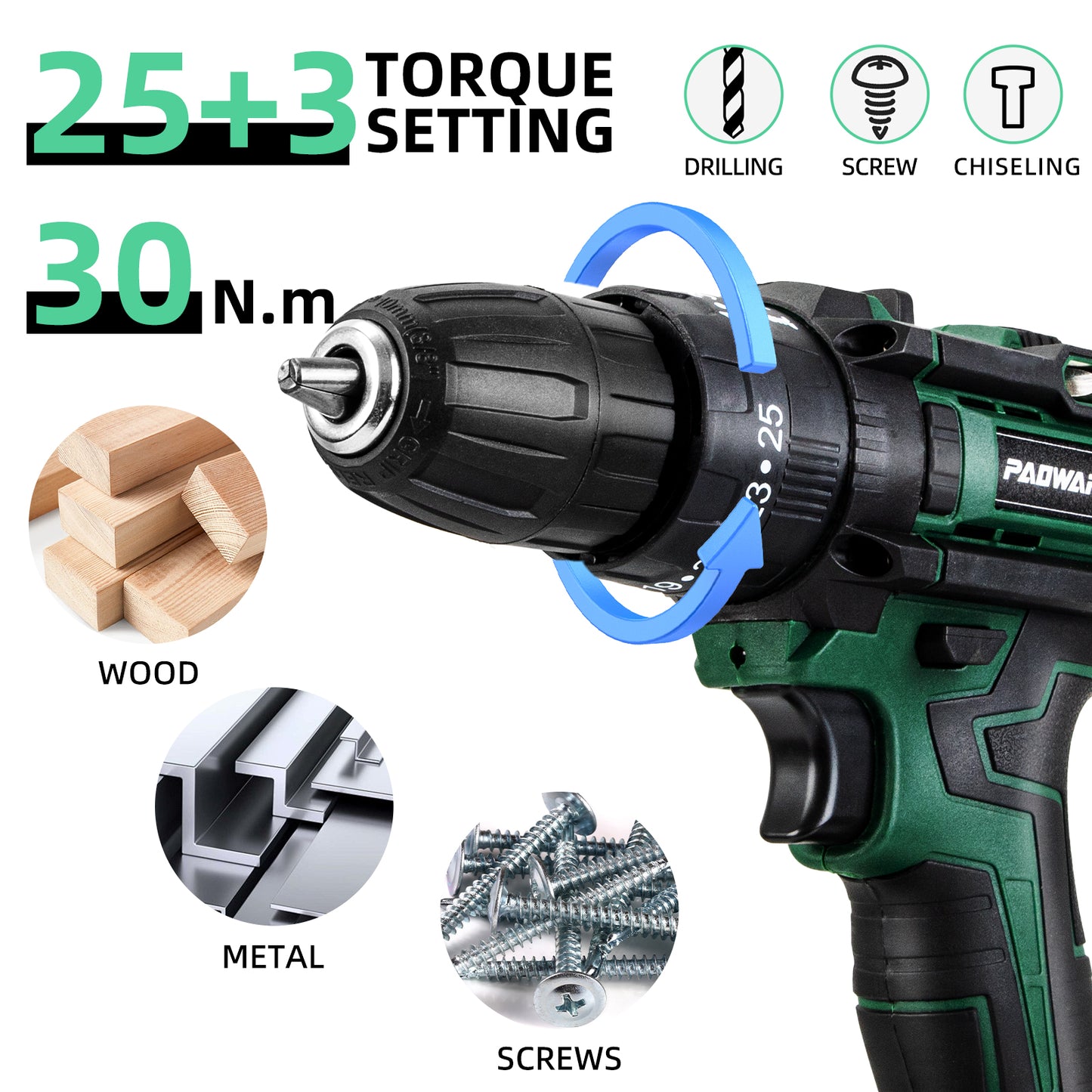 PAOWAFOL Cordless Drill Electric Power Drill with 2 Battery Two Variable Speed and 25+3 Torque Settings with Work Light, Max torque 30N.m,Easy Handling,Powerful Performance,for Home Renovation, DIY Projects, Professional Daily Drill Set