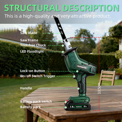 Cordless chainsaw with powerful motor, fast cuts, and easy handling for tree trimming with 2 batteries