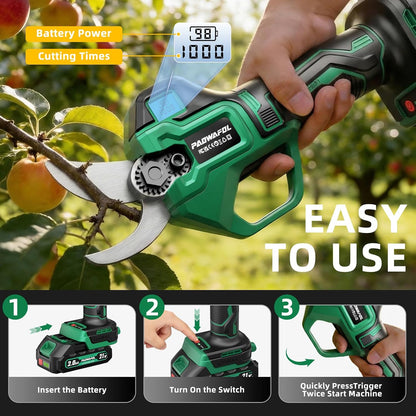 30mm Electric Pruning Shears, Upgraded Cordless Electric Scissors, with Brushless Motor | Dual 2.0Ah Battery | Sk7 Blade | LCD Display for Heavy-Duty Garden, Orchard & Branch Cutter