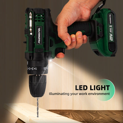 PAOWAFOL Cordless Drill Electric Power Drill with 2 Battery Two Variable Speed and 25+3 Torque Settings with Work Light, Max torque 30N.m,Easy Handling,Powerful Performance,for Home Renovation, DIY Projects, Professional Daily Drill Set