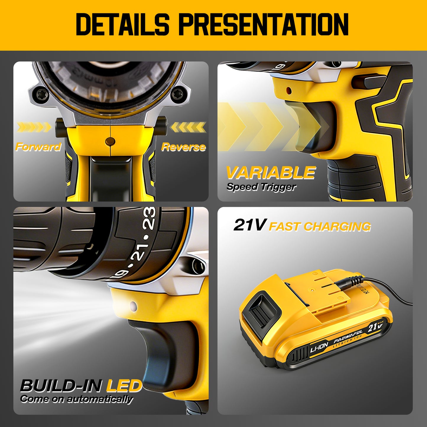 PAOWAFOL 210 Pciece 21V Cordless Drill,All in 1 with 2 battery electric drill,Multi Functional Tool Kit for Men gift,Home,DIY,daily maintenance