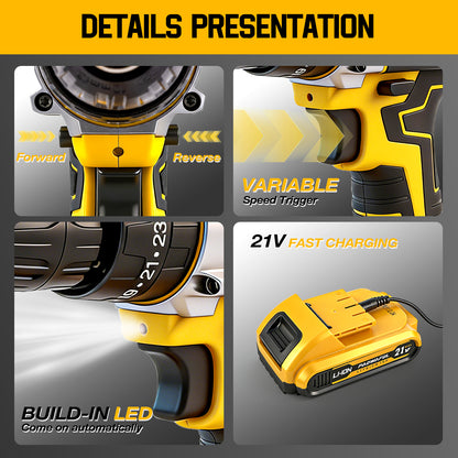 PAOWAFOL 210 Pciece 21V Cordless Drill,All in 1 with 2 battery electric drill,Multi Functional Tool Kit for Men gift,Home,DIY,daily maintenance