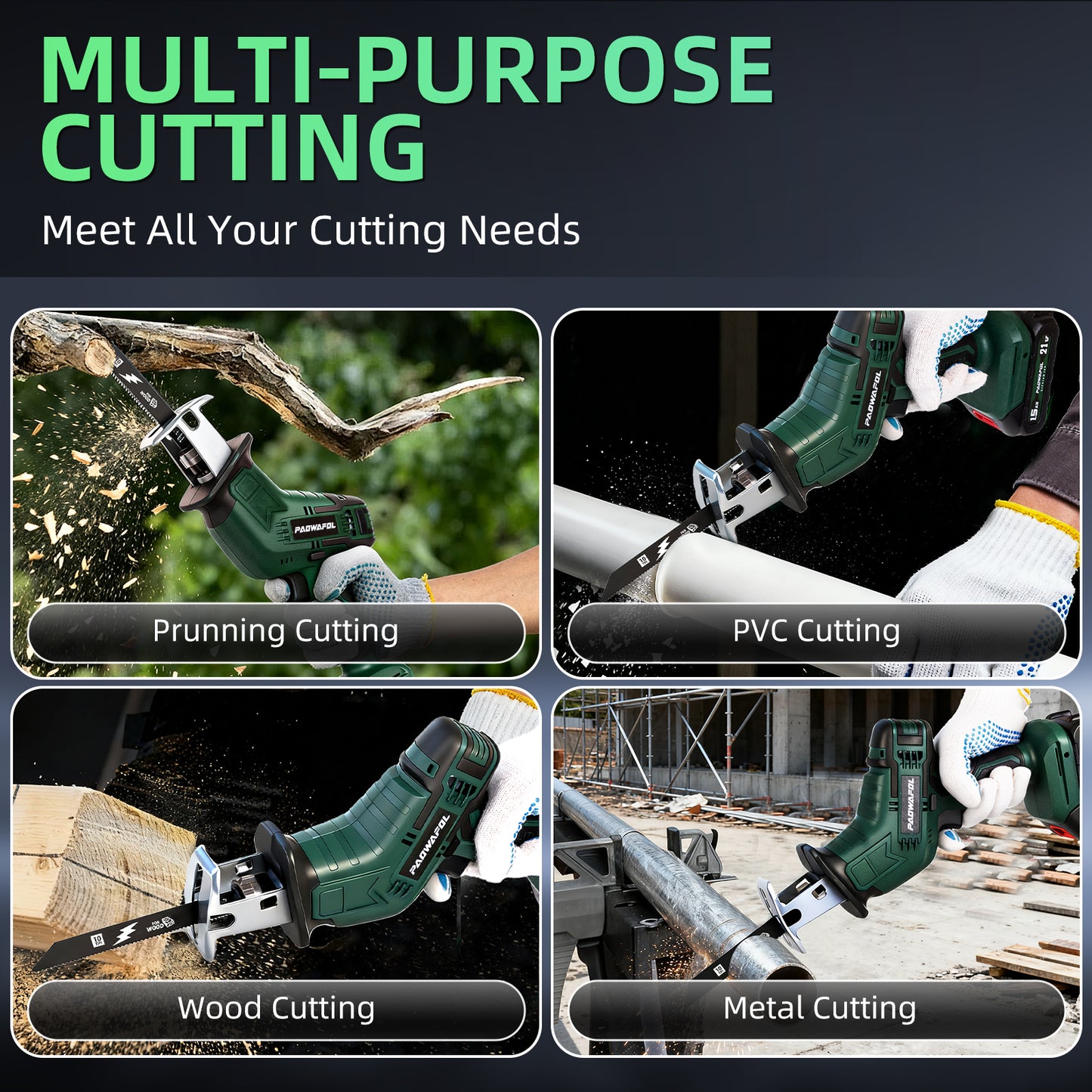 PAOWAFOL Reciprocating Saw Cordless, 0-3500SPM Variable Speed Reciprocating Saws with 2 Batteries, Saw Blades, Tool-Free Blade Change, Electric Reciprocating Saws for Woods/Metal/Plastic Cutting
