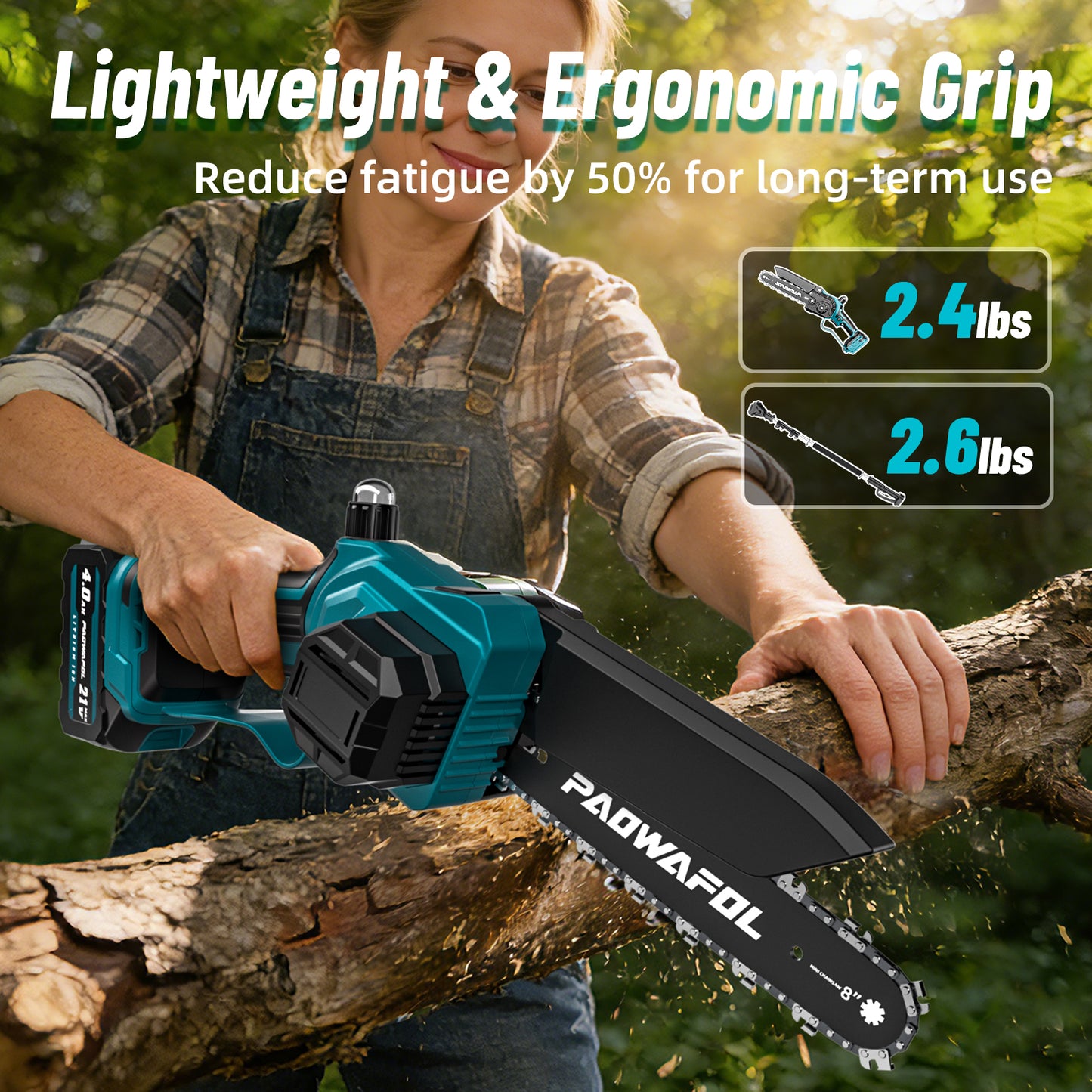 2-in-1 Pole Saws for Tree Trimming, Mini Chainsaw Cordless 6 Inch with 15 FT Max Reach, Electric Pole Saw with 2*21V Batterys Branch Cutter for Tree Trimmer Pole Saw Blue