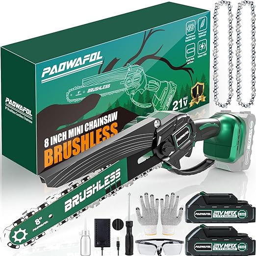 Battery Powered Cordless Mini Chainsaw 8 inch with Brushless Motor, Handheld Small Power Chain Saws Electric 2X Battery Operated Chainsaws Hand Saw with 2X 8'' Saw Chains for Trees Prunning Trimming