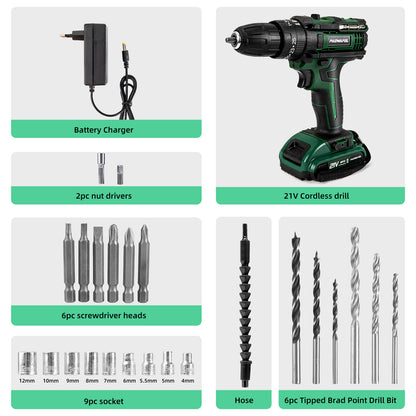 PAOWAFOL Cordless Drill Electric Power Drill with 2 Battery Two Variable Speed and 25+3 Torque Settings with Work Light, Max torque 30N.m,Easy Handling,Powerful Performance,for Home Renovation, DIY Projects, Professional Daily Drill Set
