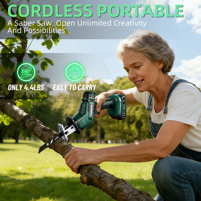 Cordless chainsaw with powerful motor, fast cuts, and easy handling for tree trimming with 2 batteries