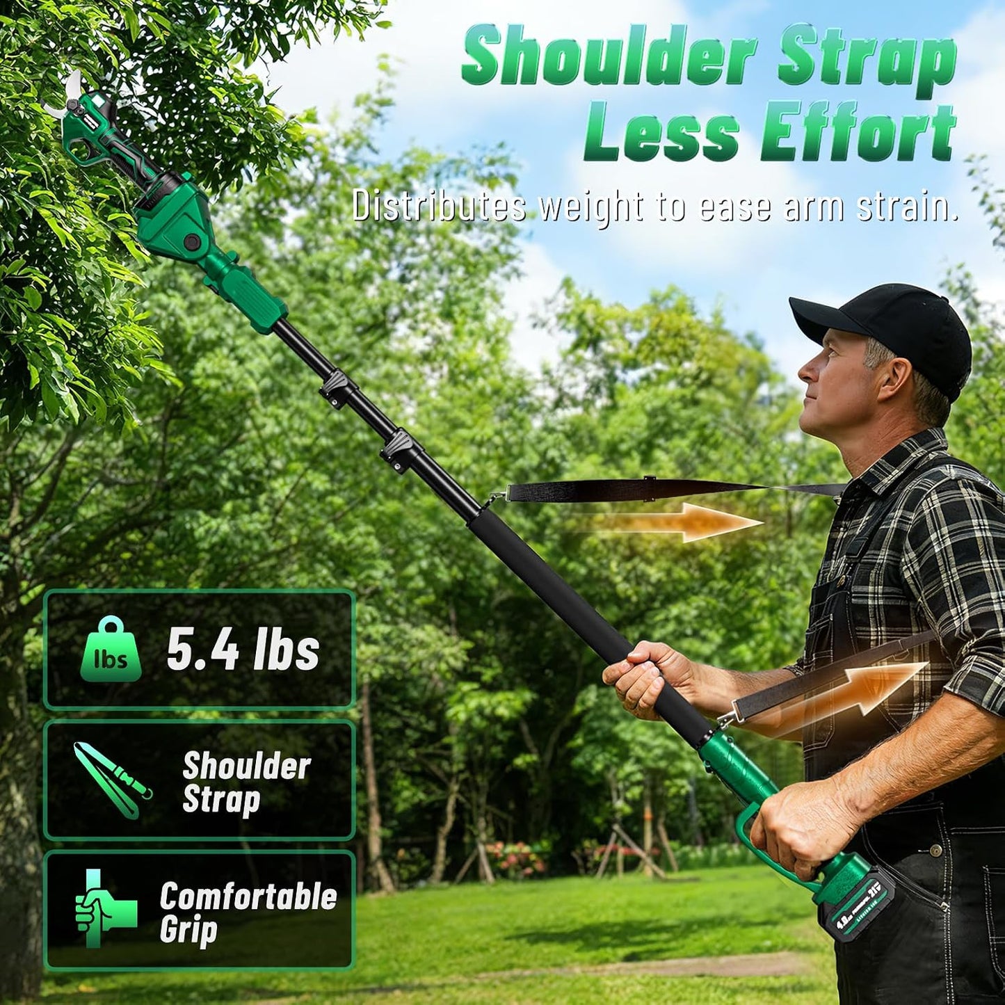 2-in-1 Pole Pruning Shears, 2.5''/64mm Electric Pruning Shears with Pole, Electric Tree Pruner with 10FT Reach Extension Pole - SK7 Blade, Longer Runtime, 2×4.0Ah Battery, For Tree & Garden Trimming
