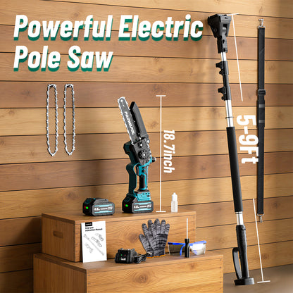2-in-1 Pole Saws for Tree Trimming, Mini Chainsaw Cordless 6 Inch with 15 FT Max Reach, Electric Pole Saw with 2*21V Batterys Branch Cutter for Tree Trimmer Pole Saw Blue